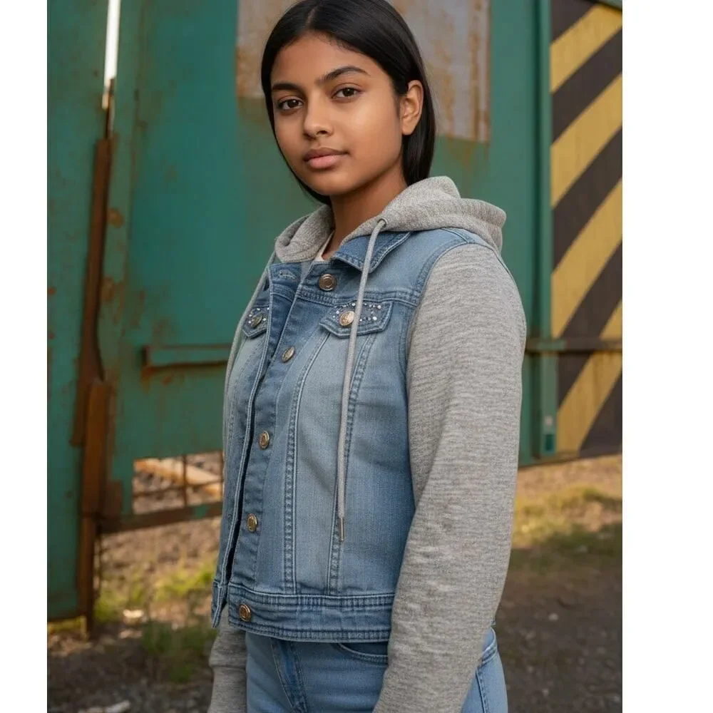 Justice Girls Denim & Thermal Embellished Hooded Jacket - Size 8/10 VERY CUTE!
